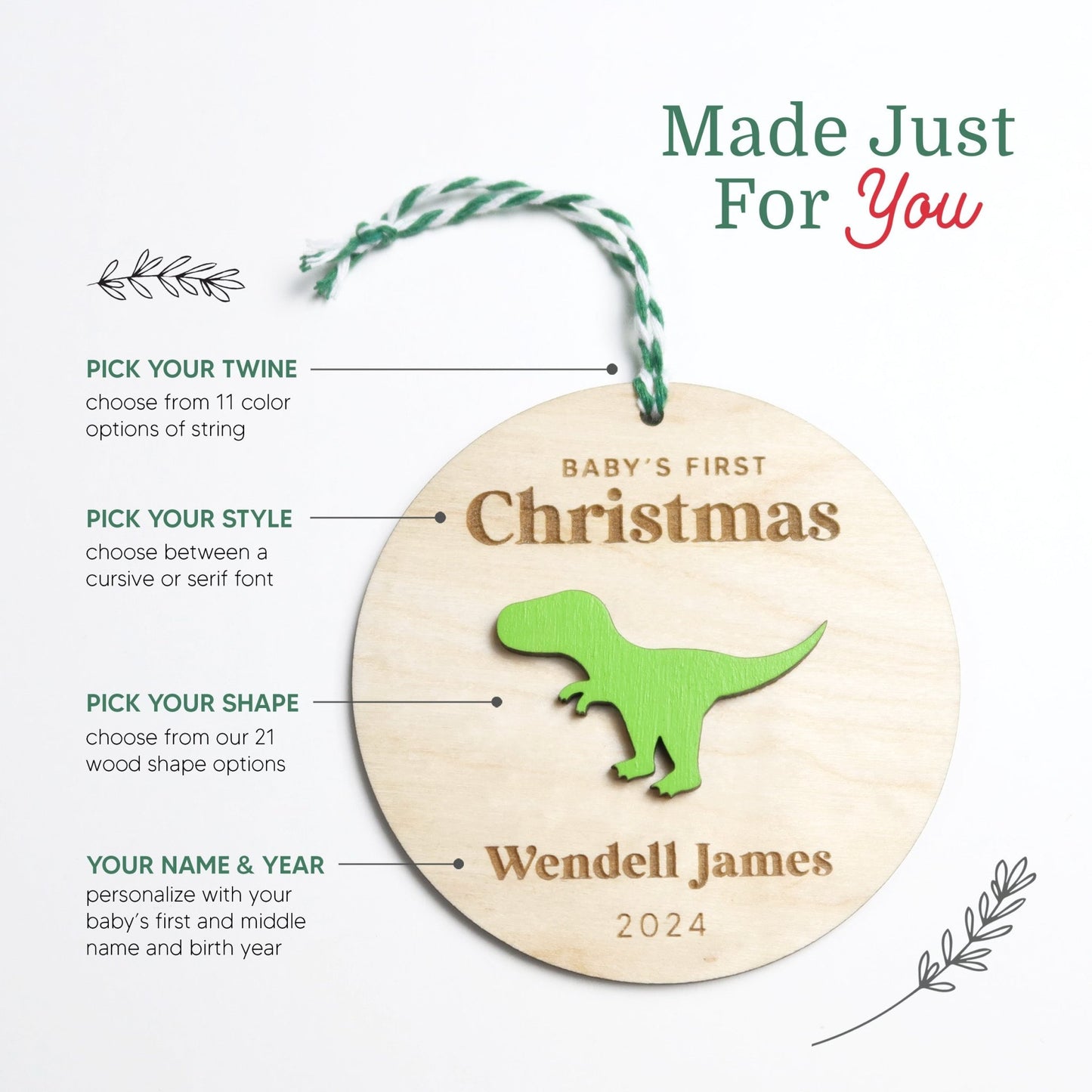 T - Rex Baby's First Christmas Ornament Personalized - Holiday Ornaments - Moon Rock Prints