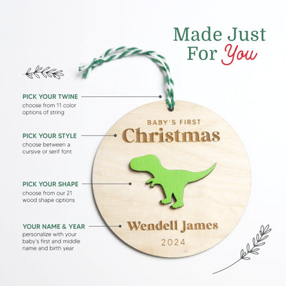 T - Rex Baby's First Christmas Ornament Personalized - Holiday Ornaments - Moon Rock Prints