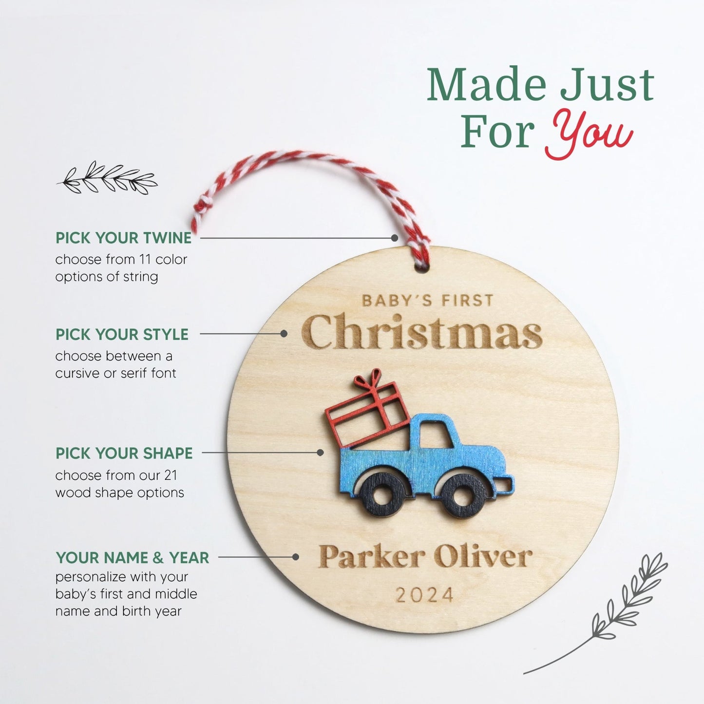 Truck Baby's First Christmas Ornament Personalized - Holiday Ornaments - Moon Rock Prints