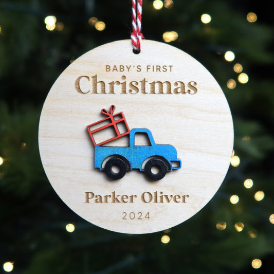 Truck Baby's First Christmas Ornament Personalized - Holiday Ornaments - Moon Rock Prints