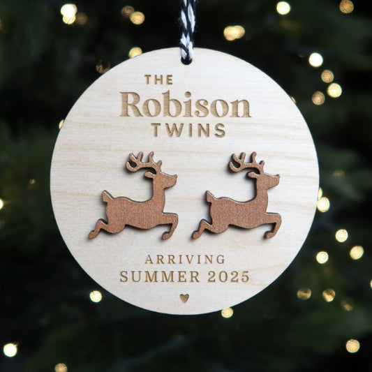 Twin Pregnancy Announcement Reindeer Ornament Personalized - Holiday Ornaments - Moon Rock Prints