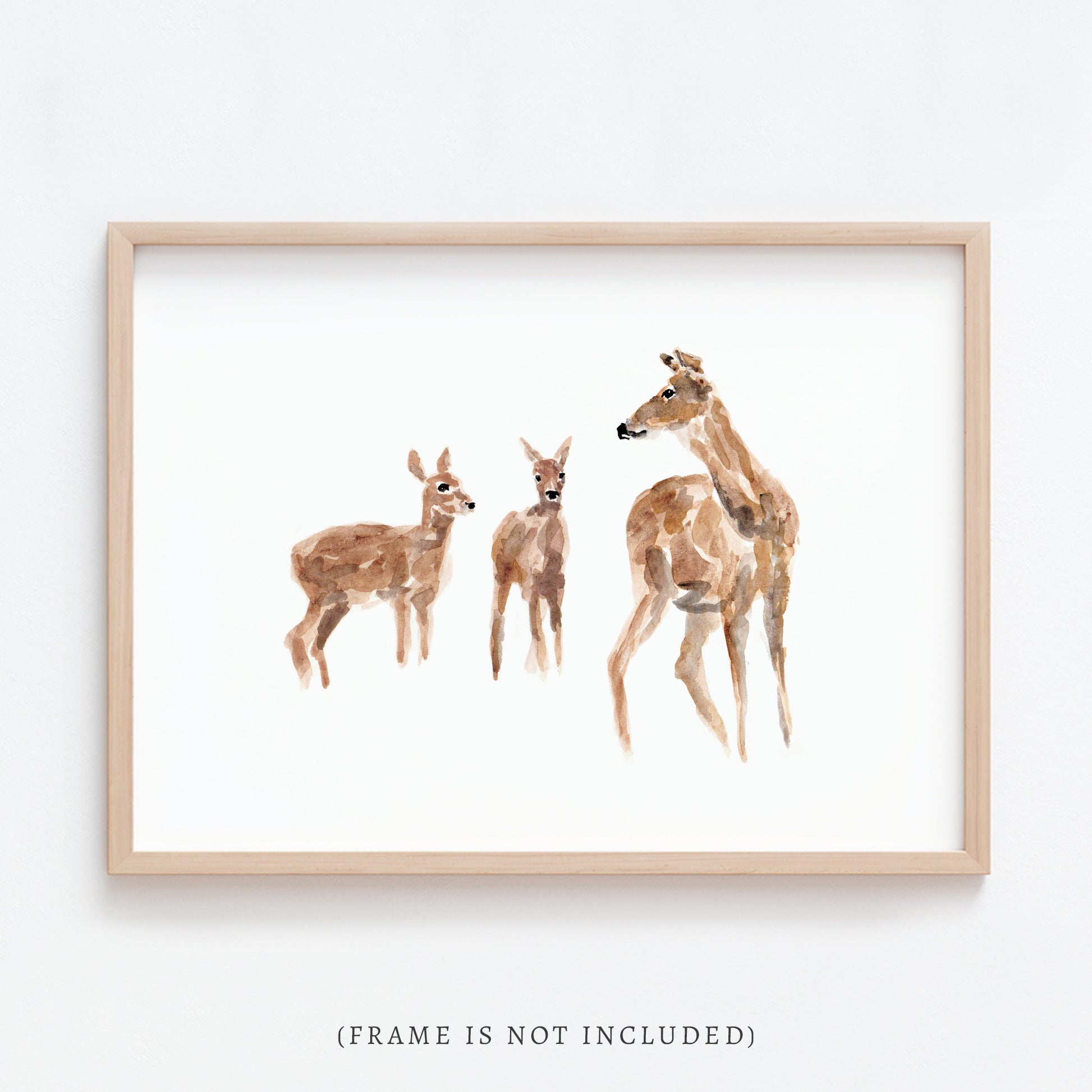 Deer & Two Cubs Woodland Animal Watercolor Art Print for Twin Nursery by Moon Rock Prints