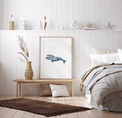 Whale and Baby Whale Nursery Watercolor Art Print for Nautical Nursery