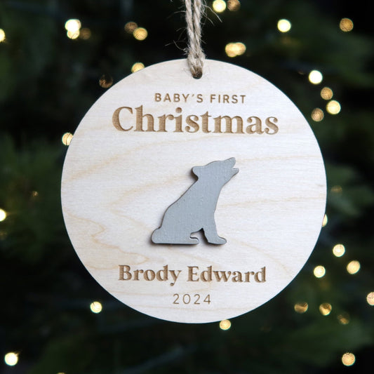 Baby First Christmas Ornament Personalized Engraved Wood Baby Wolf New Baby Gift for 2024