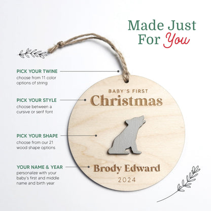 Baby First Christmas Ornament Personalized Engraved Wood Baby Wolf New Baby Gift for 2024