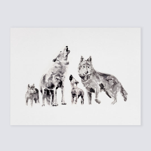 Wolf Family of 4 Woodland Animal Watercolor Art Print - Art Prints - Moon Rock Prints