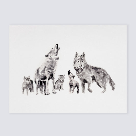 Wolf Family of 5 Woodland Animal Watercolor Art Print - Art Prints - Moon Rock Prints