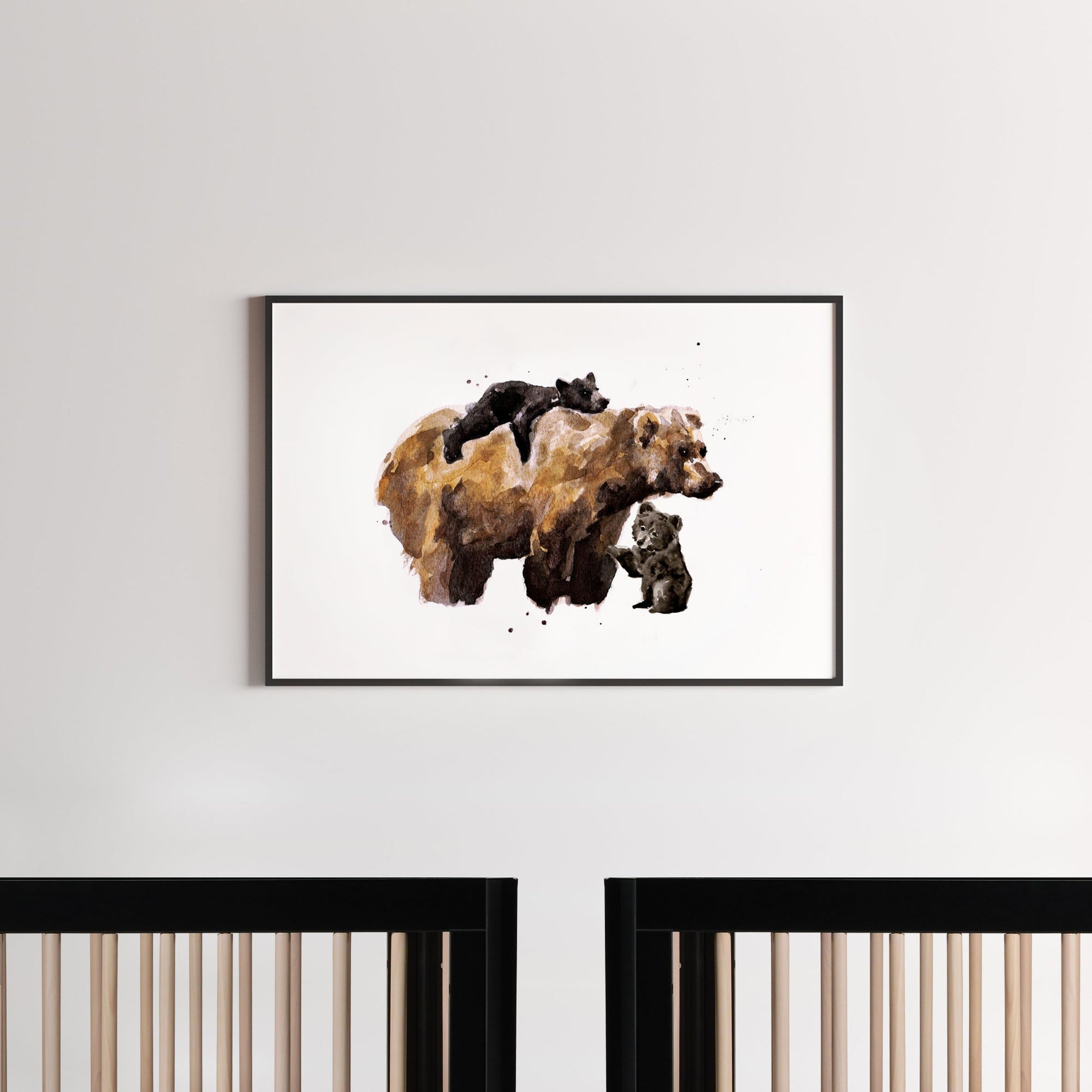 Mama Bear & Cubs Watercolor Print Art for Twin Nursery – Moon Rock Prints