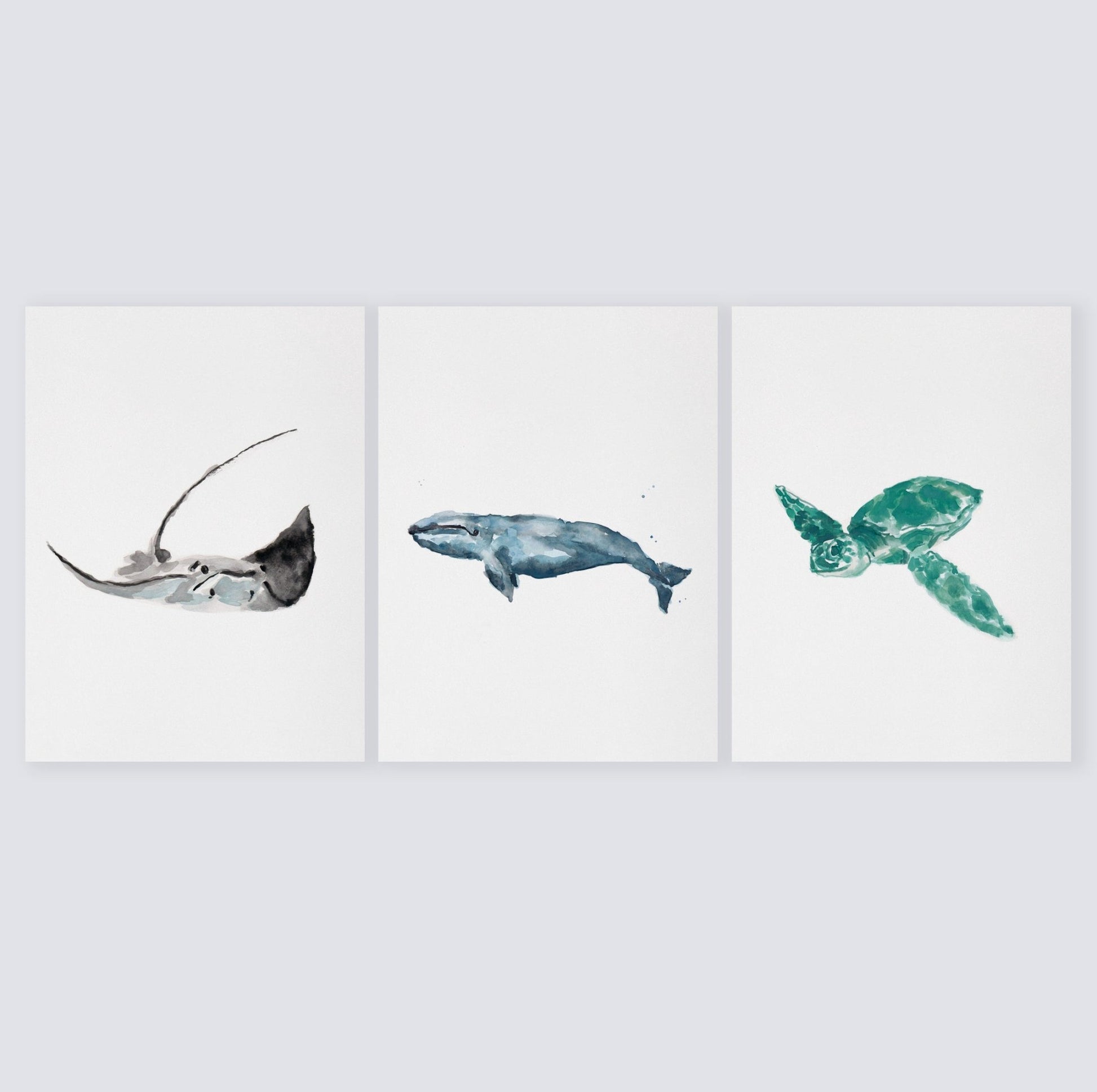 Ocean Animals Watercolor Prints Set of 3 Whale, Turtle and Stingray - Art Prints - Moon Rock Prints