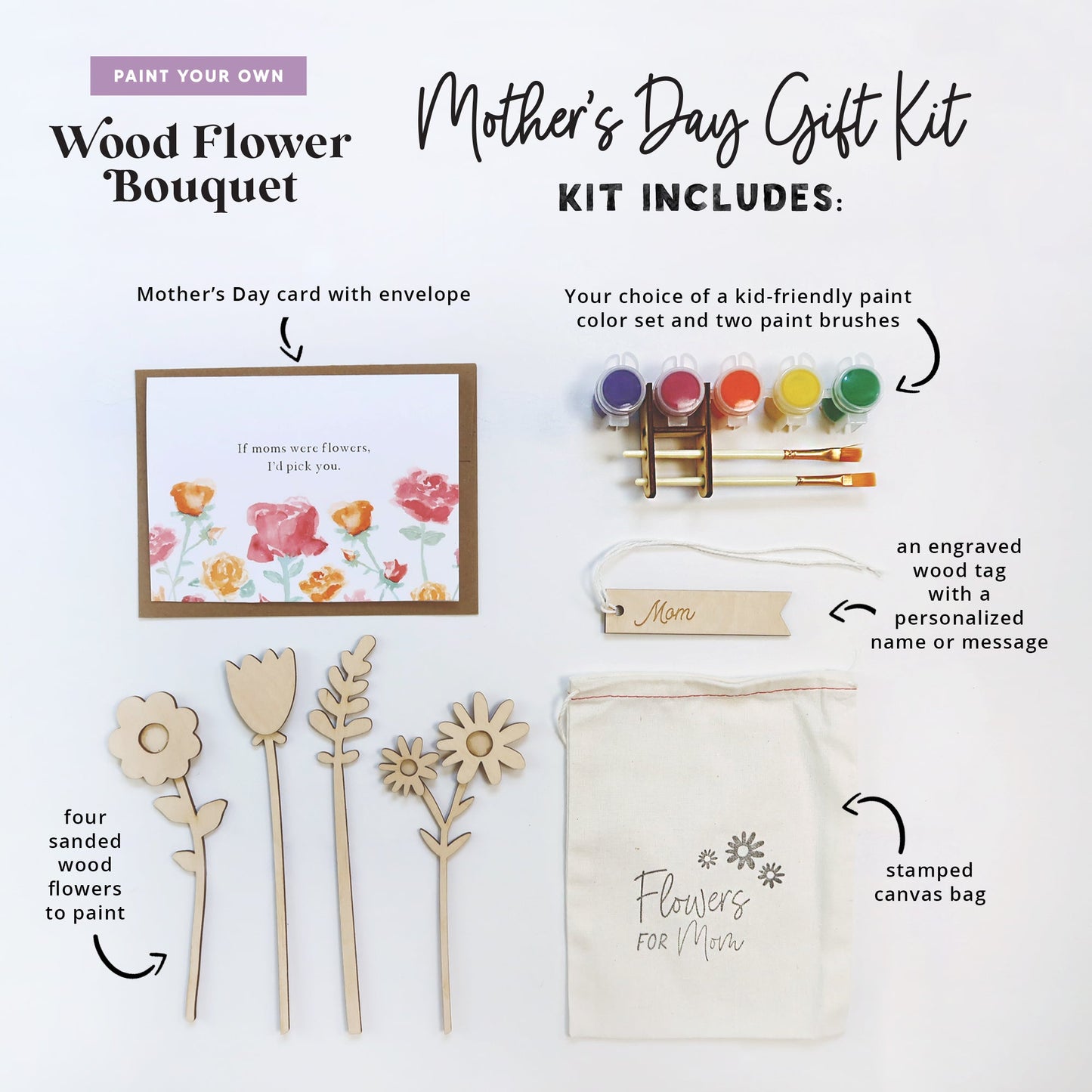 Paint Your Own Wood Flower Bouquet Mother's Day Gift Kit - DIY Paint Kit - Moon Rock Prints