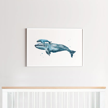 Whale and Baby Whale Nursery Watercolor Art Print for Nautical Nursery